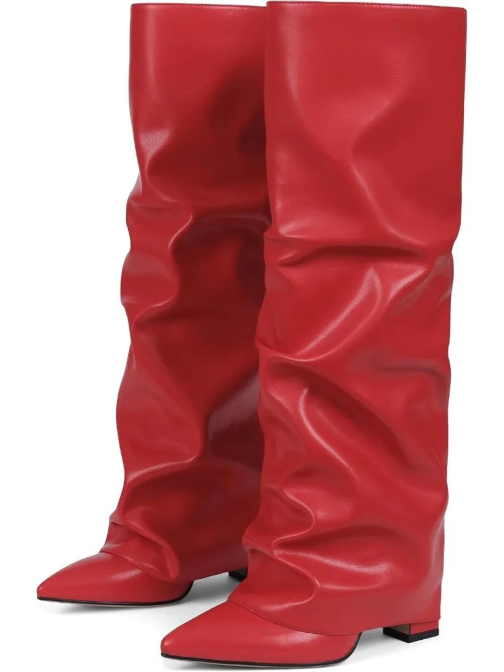 Women's Red Pu Pointed Toe Fold Over Chunky Block Heel Slouchy Knee High Boots